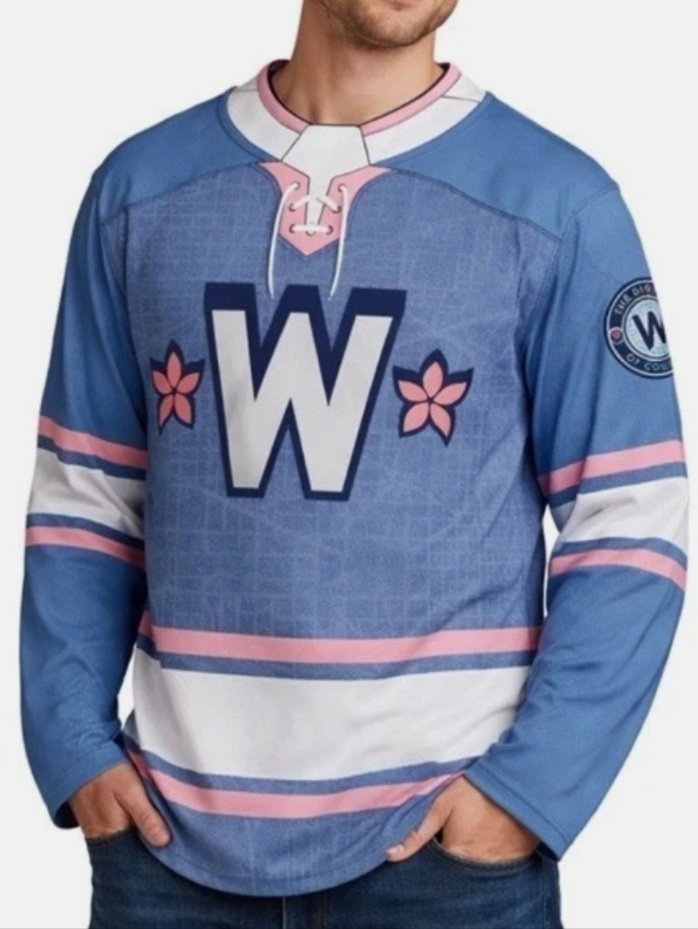 Washington Nationals City Connect Hockey Jersey Pullover in Pink and Denim Blue